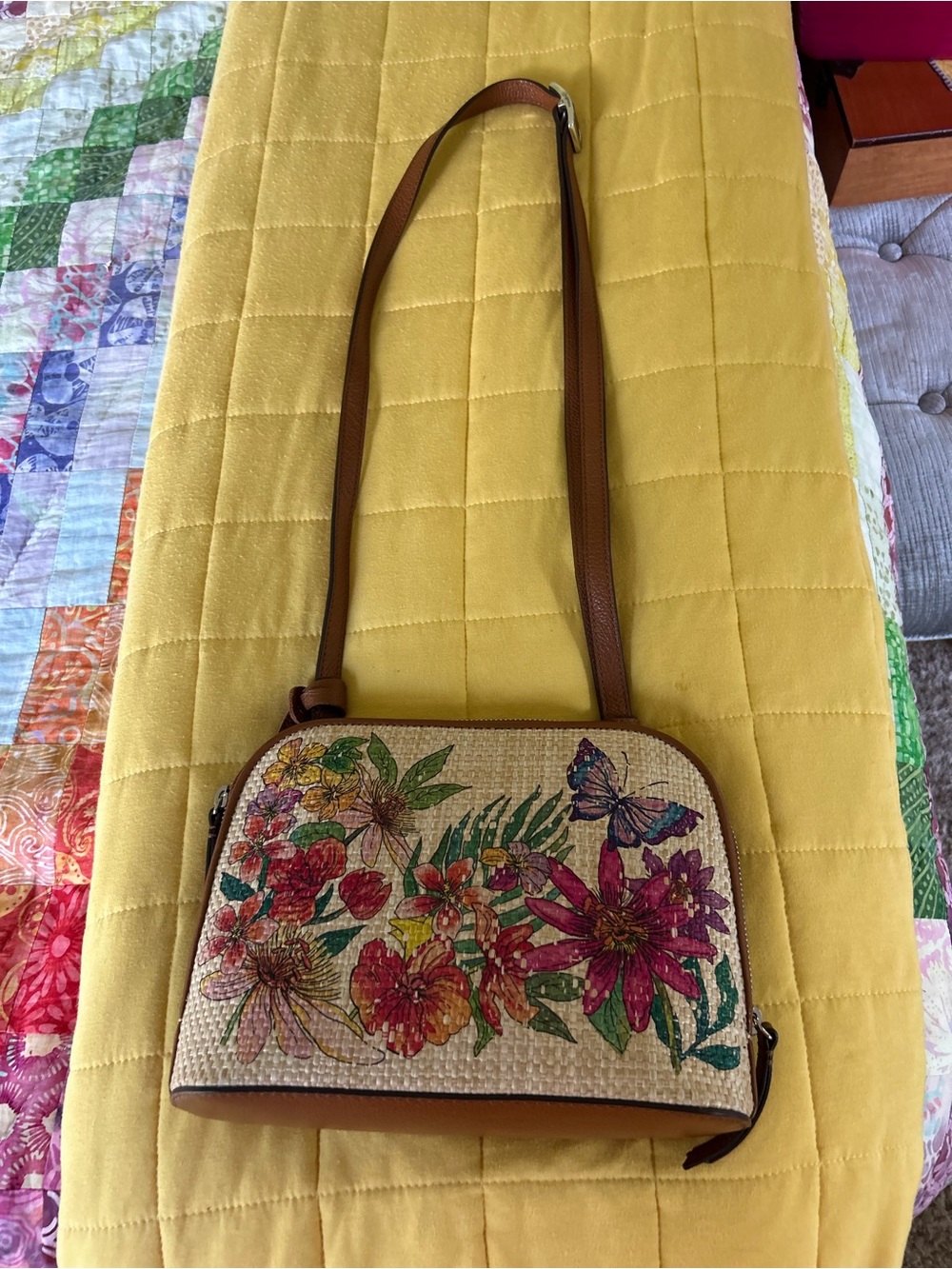Floral Woven Crossbody Bag with Butterfly Accent - Brown